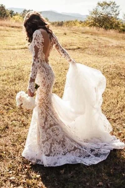 Romantic Long Appliques Backless Lace Mermaid Ivory Long Sleeve Wedding Dresses Sexy Lace Gown