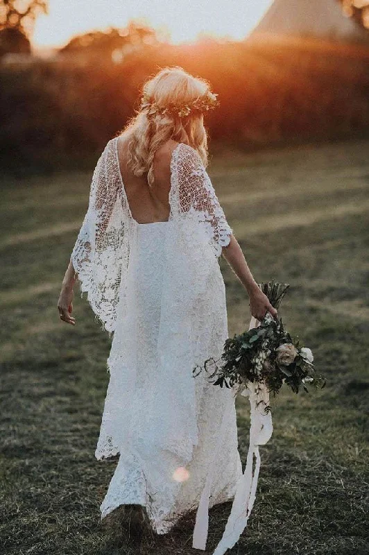 Rustic Batwing Sleeve Lace Ivory Wedding Dresses Ivory Sheath Boho Wedding Dresses Floral Wedding Gown Rustic Batwing Sleeve Lace Ivory Wedding Dresses Ivory Sheath Boho Wedding Dresses Floral Wedding Gown