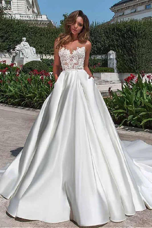 Satin Neckline A-line Open Back Lace Wedding Dress With Pockets Lace Appliques Beaded Wedding Gown Satin Neckline A-line Open Back Lace Wedding Dress With Pockets Lace Appliques Beaded Wedding Gown