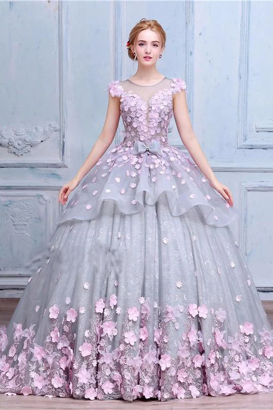 Scoop Ball Gown Gray Tulle Sleeveless Bowknot Empire Waist Wedding Dress with Pink Flowers Open Back Dress Scoop Ball Gown Gray Tulle Sleeveless Bowknot Empire Waist Wedding Dress with Pink Flowers Open Back Dress