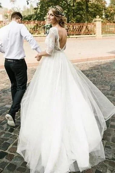 See Through Half Sleeve Ivory Country Wedding Dresses Backless Tulle Wedding Dress Boho Chic Gown See Through Half Sleeve Ivory Country Wedding Dresses Backless Tulle Wedding Dress Boho Chic Gown