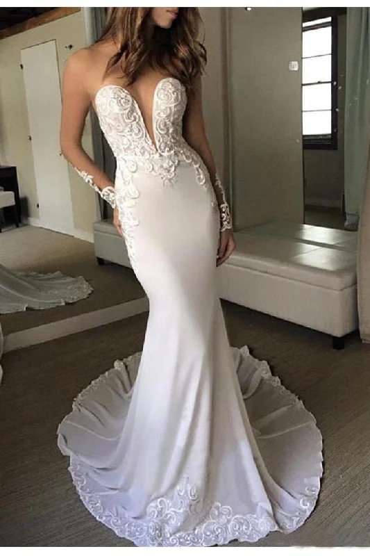 Sexy Berta Mermaid V Neck Wedding Dress Long Sleeves Open Back Wedding Gowns Ruffled Wedding Dress Sexy Berta Mermaid V Neck Wedding Dress Long Sleeves Open Back Wedding Gowns Ruffled Wedding Dress