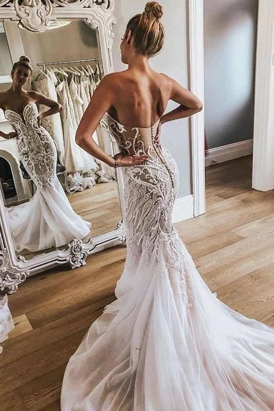 Sexy Mermaid Sweetheart Ivory Strapless Wedding Dresses with Lace Appliques Sexy Satin Gown Sexy Mermaid Sweetheart Ivory Strapless Wedding Dresses with Lace Appliques Sexy Satin Gown