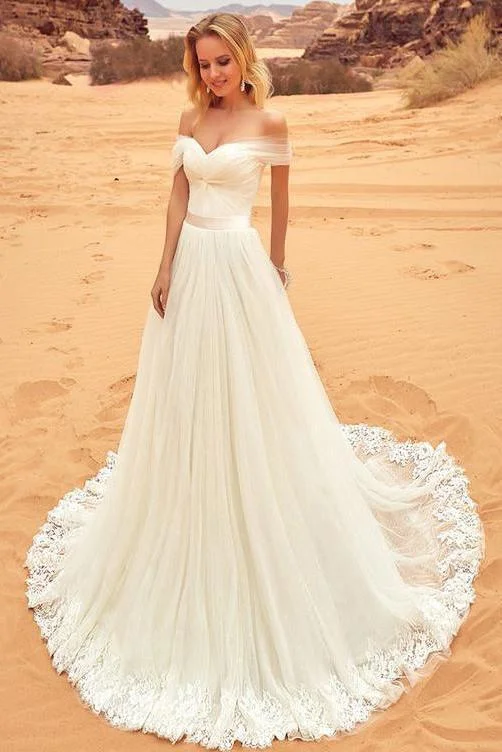 Sexy Off-the-Shoulder Sweep Train Sweetheart A-Line Tulle Ivory Floor-Length Wedding Dress Glitter Wedding Dress Sexy Off-the-Shoulder Sweep Train Sweetheart A-Line Tulle Ivory Floor-Length Wedding Dress Glitter Wedding Dress