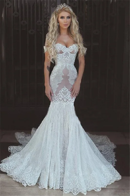 Sexy Queen Mermaid Sweetheart Ivory Lace Off-the-Shoulder Open Back Wedding Dresses Lace Train Dress Sexy Queen Mermaid Sweetheart Ivory Lace Off-the-Shoulder Open Back Wedding Dresses Lace Train Dress