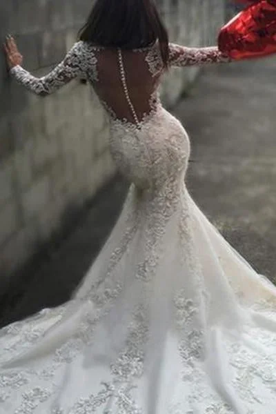 Sexy White Yarn Button Back Long Sleeve Lace Mermaid Charming Chapel Trailing Wedding Dress Empire Waist Dress Sexy White Yarn Button Back Long Sleeve Lace Mermaid Charming Chapel Trailing Wedding Dress Empire Waist Dress