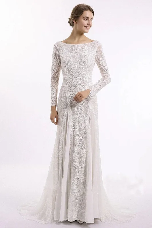 Sheath Long Sleeve Ivory Lace Wedding Dresses See Through Backless Boho Bridal Dresses Soft Lace Gown Sheath Long Sleeve Ivory Lace Wedding Dresses See Through Backless Boho Bridal Dresses Soft Lace Gown