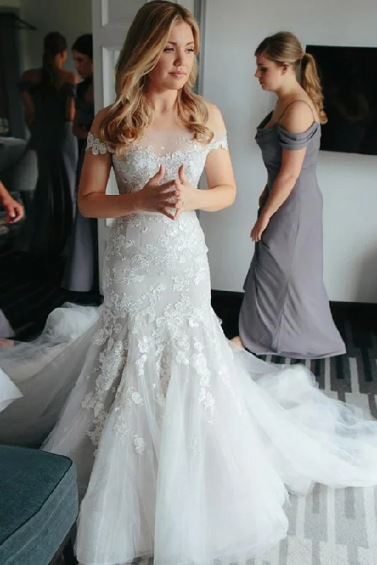 Sheath Off the Shoulder Court Train Ivory Tulle Wedding Dresses with Lace Appliques Full Length Gown Sheath Off the Shoulder Court Train Ivory Tulle Wedding Dresses with Lace Appliques Full Length Gown