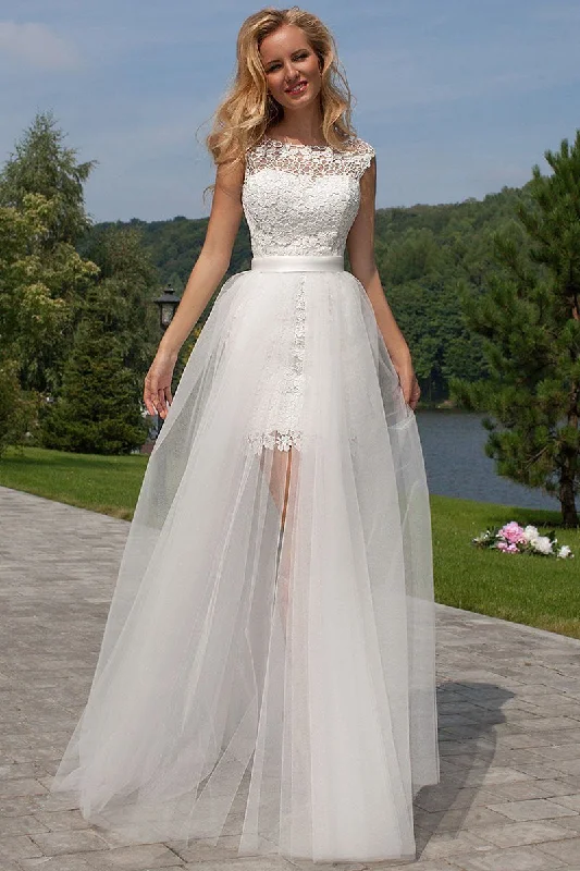 Sheath Scoop Neck Ivory Lace Tulle Detachable Ruffles Open Back Wedding Dresses Sleeveless Bridal Gown Sheath Scoop Neck Ivory Lace Tulle Detachable Ruffles Open Back Wedding Dresses Sleeveless Bridal Gown