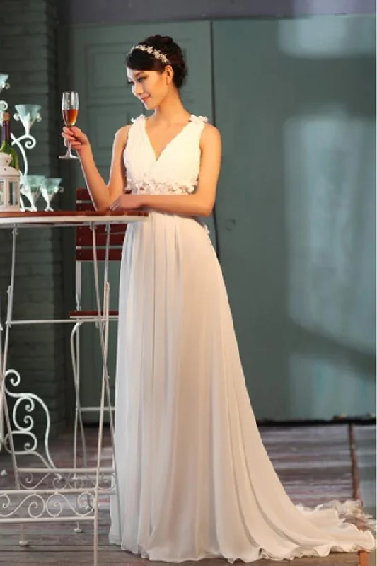 Sheer Back A-Line V-Neck Floor-Length Chiffon Appliques Sleeveless Wedding Dress A-line Wedding Gown Sheer Back A-Line V-Neck Floor-Length Chiffon Appliques Sleeveless Wedding Dress A-line Wedding Gown
