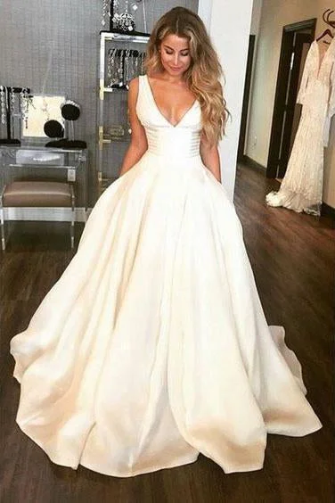 Simple A-Line V Neck Open Back Ivory Satin Wedding Dresses with Straps Pockets Off-shoulder Bridal Dress Simple A-Line V Neck Open Back Ivory Satin Wedding Dresses with Straps Pockets Off-shoulder Bridal Dress