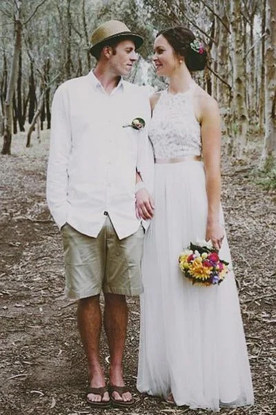 Simple A-Line White Open Back Jewel Sleeveless Floor-Length Lace Top Halter Wedding Dress Simple Wedding Gown Simple A-Line White Open Back Jewel Sleeveless Floor-Length Lace Top Halter Wedding Dress Simple Wedding Gown