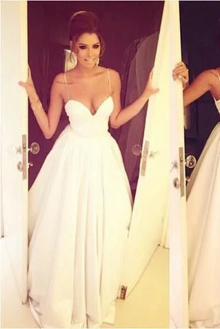 Simple Spaghetti Straps Satin White Long Ruffled Long Graduation Dresses Wedding Dress Lace Back Wedding Simple Spaghetti Straps Satin White Long Ruffled Long Graduation Dresses Wedding Dress Lace Back Wedding