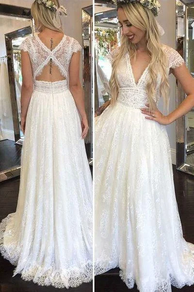Simple Deep V Neck Lace Appliques Open Back Ivory Wedding Dresses Bridal Gowns Lace Boho Dress Simple Deep V Neck Lace Appliques Open Back Ivory Wedding Dresses Bridal Gowns Lace Boho Dress