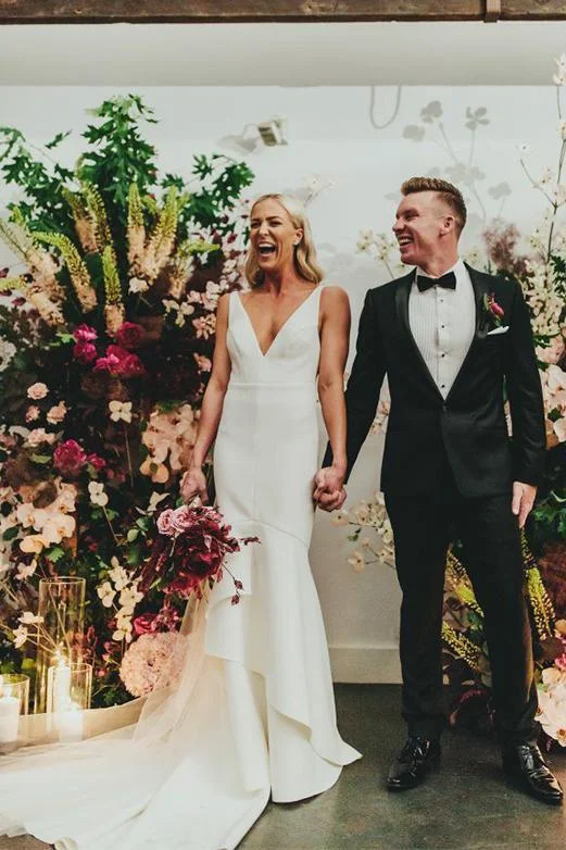 Simple Deep V Neck Sweep Train Mermaid Satin Wedding Dress Long Bridal Gowns Floral Bridal Gown Simple Deep V Neck Sweep Train Mermaid Satin Wedding Dress Long Bridal Gowns Floral Bridal Gown
