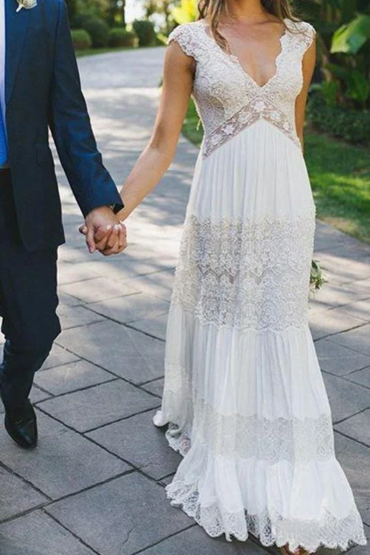Simple Lace V Neck Ruched Short Sleeves White Floor Length Wedding Dresses Mermaid Lace Gown Simple Lace V Neck Ruched Short Sleeves White Floor Length Wedding Dresses Mermaid Lace Gown