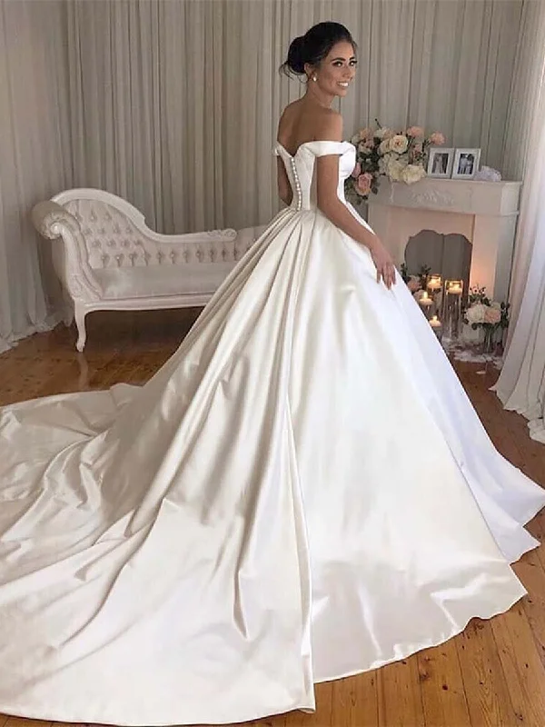Simple Princess Ivory Ball Gown Sweetheart Satin Off the Shoulder Wedding Dresses Classic Lace Gown Simple Princess Ivory Ball Gown Sweetheart Satin Off the Shoulder Wedding Dresses Classic Lace Gown