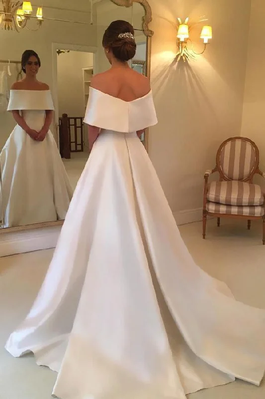 Simple Satin A-line Off the Shoulder Ivory Cheap Bridal Gown Wedding Dresses Beaded Lace Wedding Simple Satin A-line Off the Shoulder Ivory Cheap Bridal Gown Wedding Dresses Beaded Lace Wedding