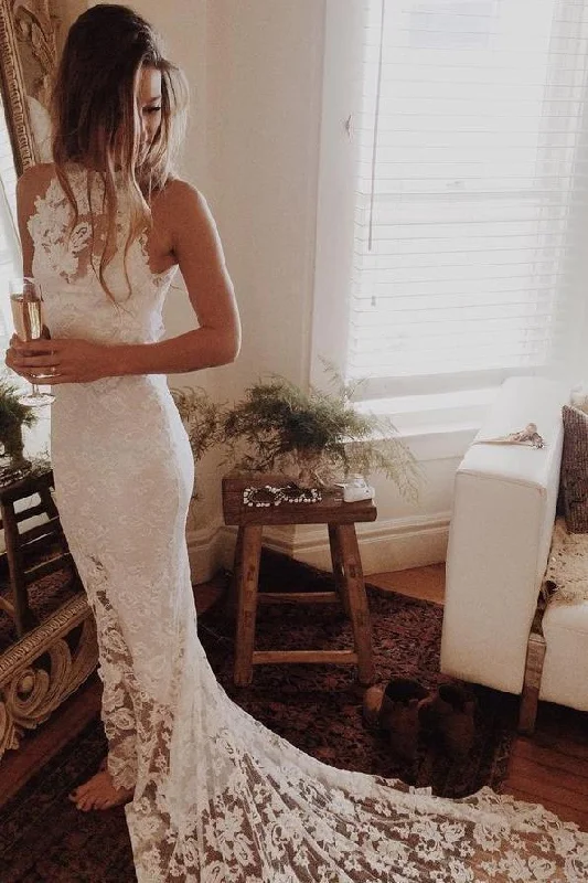 Simple Sleeveless Long Ivory Lace Halter Mermaid Sleeveless Wedding Dresses Embroidered Wedding Dress Simple Sleeveless Long Ivory Lace Halter Mermaid Sleeveless Wedding Dresses Embroidered Wedding Dress