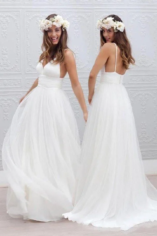 Simple V-neck Floor-Length Wedding Dress With Ruched Sash Soft Wedding Gown