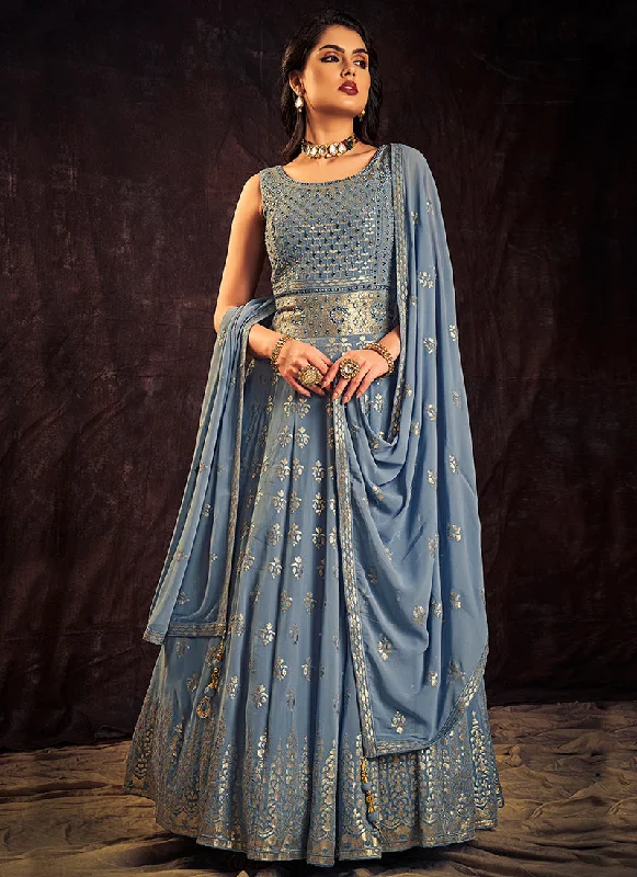 Sky Blue Sequence And Mirror Work Embroidery Anarkali Gown Elegant Lace Gown