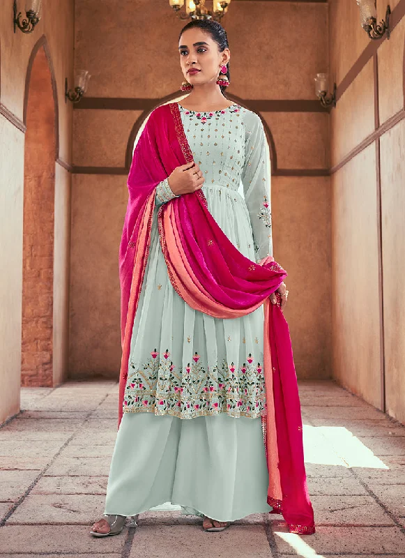 Sky Blue Sequence And Thread Embroidery Anarkali Palazzo Suit White Lace Gown