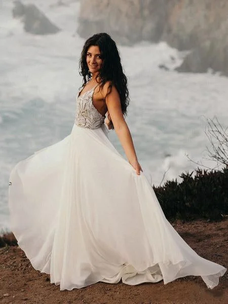 Spaghetti Strap Beaded Wedding Dress Ivory Chiffon V Neck Rustic Wedding Dresses Full Skirt Gown Spaghetti Strap Beaded Wedding Dress Ivory Chiffon V Neck Rustic Wedding Dresses Full Skirt Gown