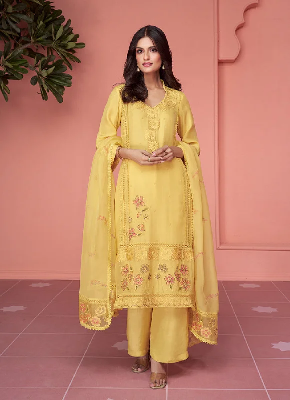 Yellow Multi Floral Embroidery Pakistani Pant Style Suit Illusion Lace Gown