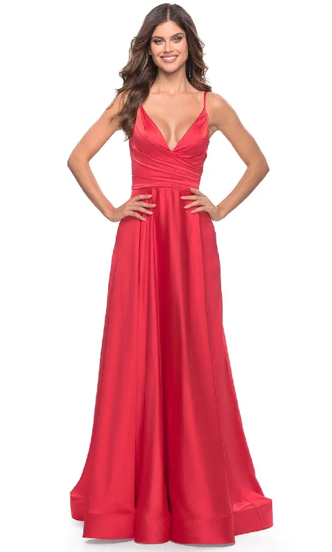 La Femme 31121 - Deep V-Neck Satin Prom Gown Sequin party dresses