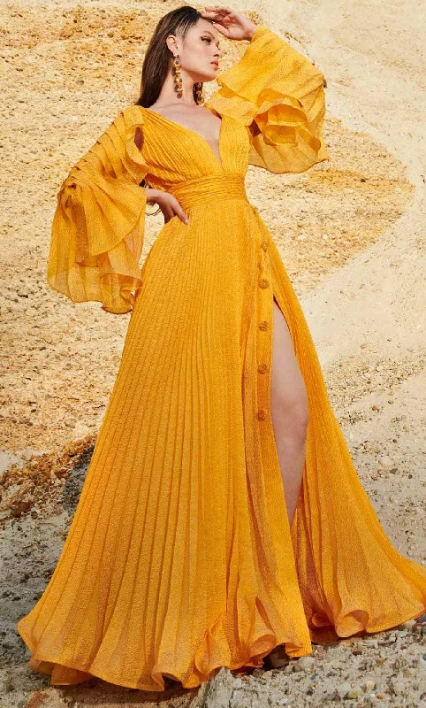 MNM COUTURE 2775 - Pleated A-line V Neck Gown Fall party dresses