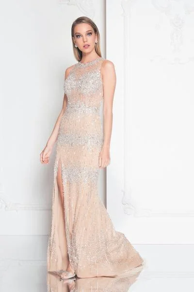 Terani Couture - 1812P5351 Beaded Nude Illusion High Slit Column Gown Urban Outfitters party dresses Terani Couture - 1812P5351 Beaded Nude Illusion High Slit Column Gown Urban Outfitters party dresses