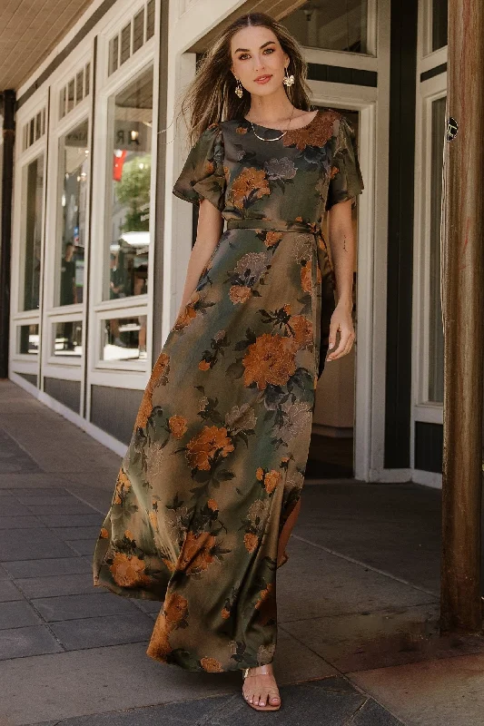 Agnes Satin Maxi Dress | Olive Floral Best maxi dresses for summer vacation