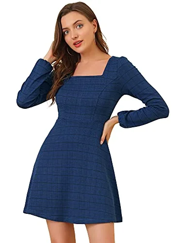 Allegra K Women's Fall Vintage Square Neck Long Sleeve Plaid Dress Vintage maxi dresses Allegra K Women's Fall Vintage Square Neck Long Sleeve Plaid Dress Vintage maxi dresses