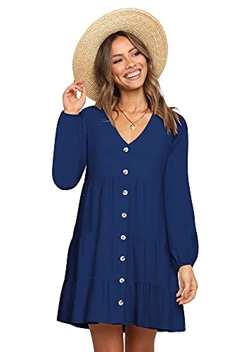 Amoretu Women Long Sleeve Dress V Neck Button Down Loose Swing Shift Dress Fashion-forward maxi dresses Amoretu Women Long Sleeve Dress V Neck Button Down Loose Swing Shift Dress Fashion-forward maxi dresses
