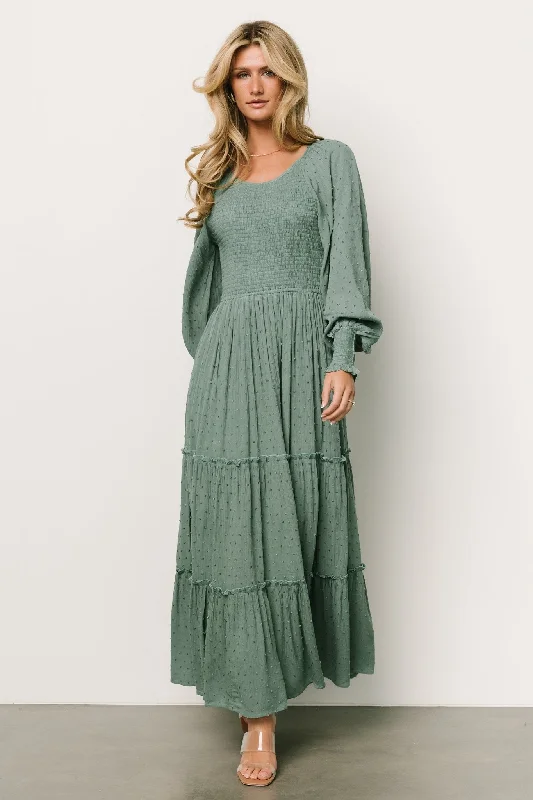 Bayley Smocked Dotted Maxi Dress | Dark Eucalyptus Strapless maxi dresses