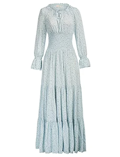 Belle Poque Women Long Sleeve Renaissance Pleated Maxi Dress Chiffon maxi dresses