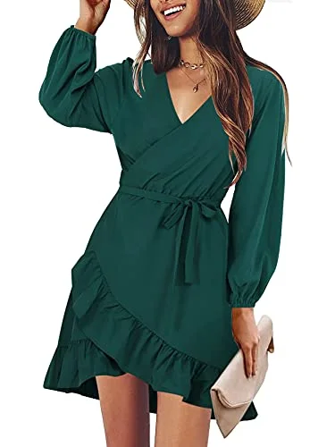 BeLuring Women's Summer Wrap Short Dress V Neck Long Sleeve Ruffle Dresses Versatile maxi dresses for all occasions BeLuring Women's Summer Wrap Short Dress V Neck Long Sleeve Ruffle Dresses Versatile maxi dresses for all occasions