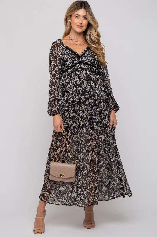 Black Floral Chiffon V-Neck Velvet Trim Maternity Maxi Dress Best maxi dresses for formal events Black Floral Chiffon V-Neck Velvet Trim Maternity Maxi Dress Best maxi dresses for formal events