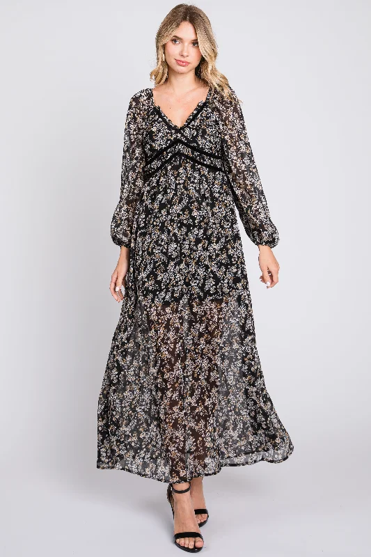 Black Floral Chiffon V-Neck Velvet Trim Maxi Dress Stretchy maxi dresses