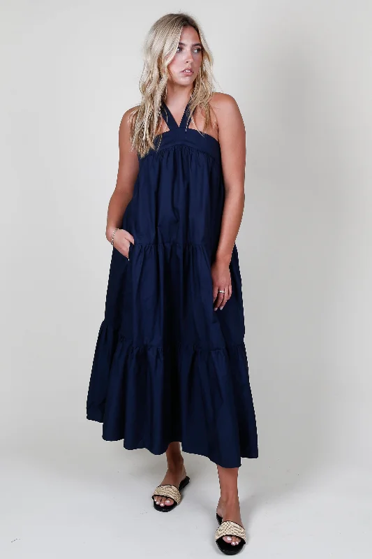 EN SAISON | Relaxed Tiered Maxi Dress - Navy Off-shoulder maxi dresses