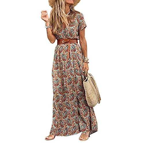 Summer Maxi Dress Women Boho Dresses Fashion Floral V Neck Short Sleeve Beach Resort Homewear Long Dress Casual Street Style - Brown - XL Beach maxi dresses Summer Maxi Dress Women Boho Dresses Fashion Floral V Neck Short Sleeve Beach Resort Homewear Long Dress Casual Street Style - Brown - XL Beach maxi dresses