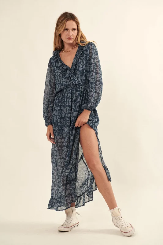 Indigo Floral Chiffon Ruffled Surplice Maxi Dress Casual maxi dresses