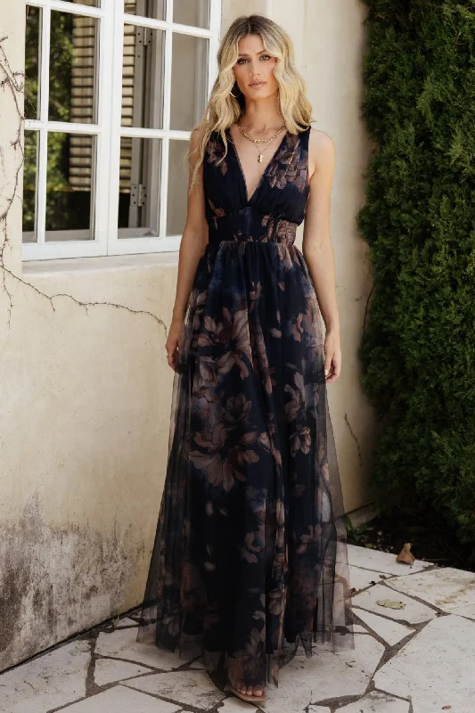 Kamila Tulle Maxi Dress | Dark Blue Floral Designer maxi dresses