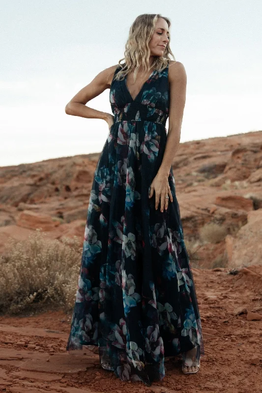 Kamila Tulle Maxi Dress | Navy Abstract Floral Hot new arrivals in maxi dresses