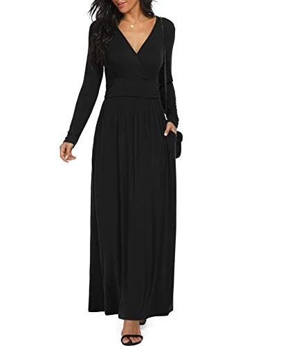 LILBETTER Women Long Sleeve Deep V Neck Loose Plain Long Maxi Casual Dress - black - X-Large Office maxi dresses LILBETTER Women Long Sleeve Deep V Neck Loose Plain Long Maxi Casual Dress - black - X-Large Office maxi dresses