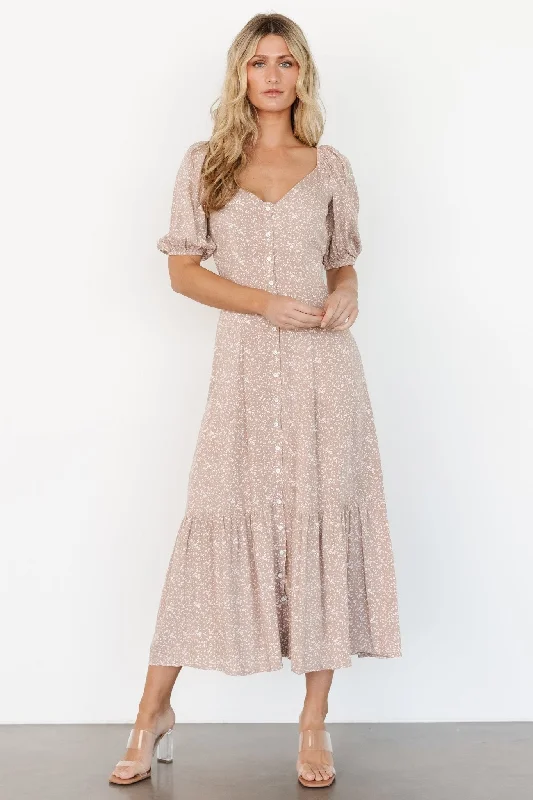 Mathilda Button Maxi Dress | Beige Floral Budget-friendly maxi dresses