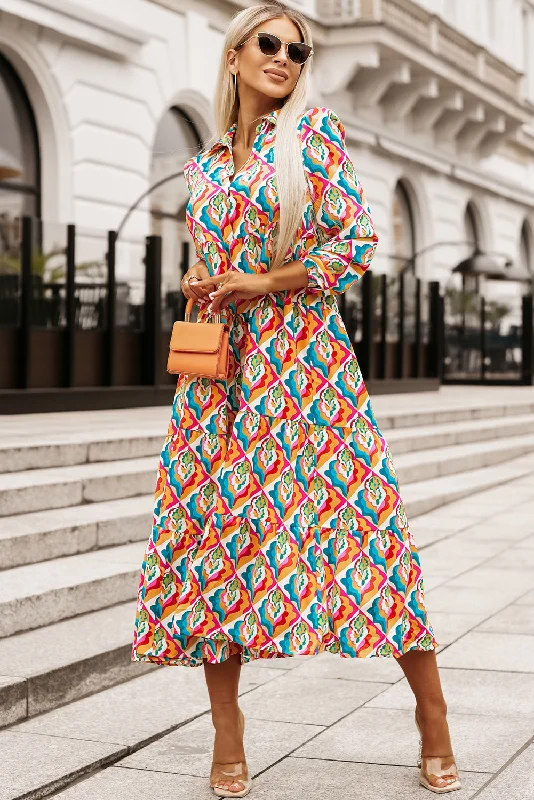 Multicolor Long Sleeve High Waist Dress Lace maxi dresses