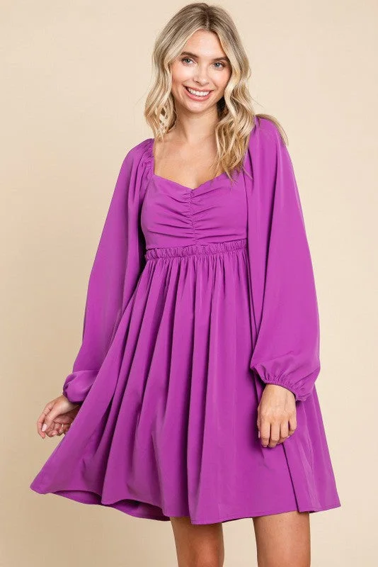 Purple Gathered Waist Long Sleeve Dress Cotton maxi dresses