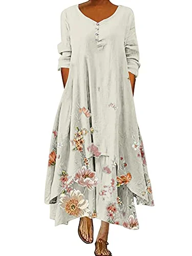 RJJ Womens Cotton-Linen Maxi Dresses Ladies Long Sleeve V Neck Plain Gypsy Plus Size Dress Casual Loose Fit Boho Beach Long Dress Flattering maxi dresses for all body types RJJ Womens Cotton-Linen Maxi Dresses Ladies Long Sleeve V Neck Plain Gypsy Plus Size Dress Casual Loose Fit Boho Beach Long Dress Flattering maxi dresses for all body types