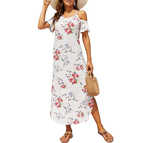 Sherosa Women's Summer Maxi Dresses Cold Shoulder Split Loose Short Sleeve Long Beach Dresses with Pocket Y2K maxi dresses